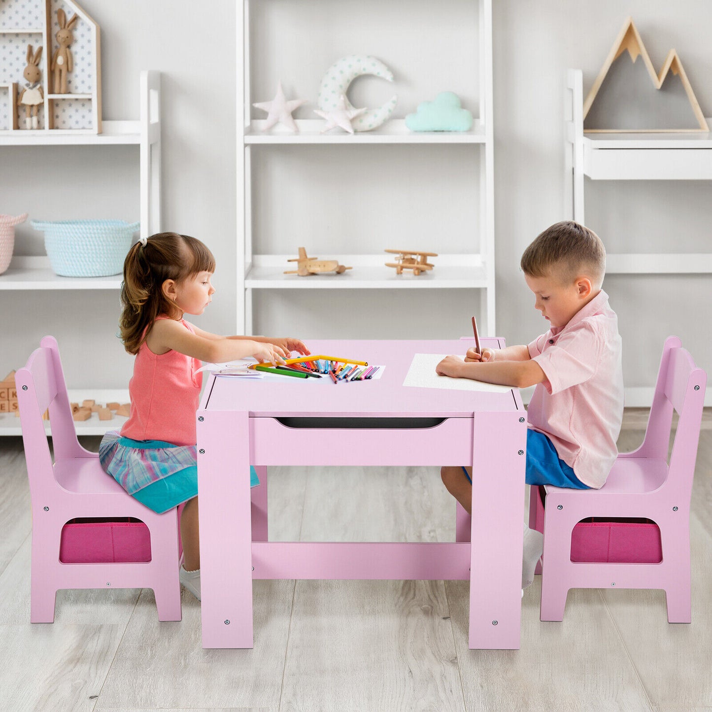 Arlopu Kids Table and 2 Chairs Set, Wooden Activity Table with Storage Drawer, Detachable Tabletop Toddler Table and Chair Set for Drawing Reading Arts & Crafts