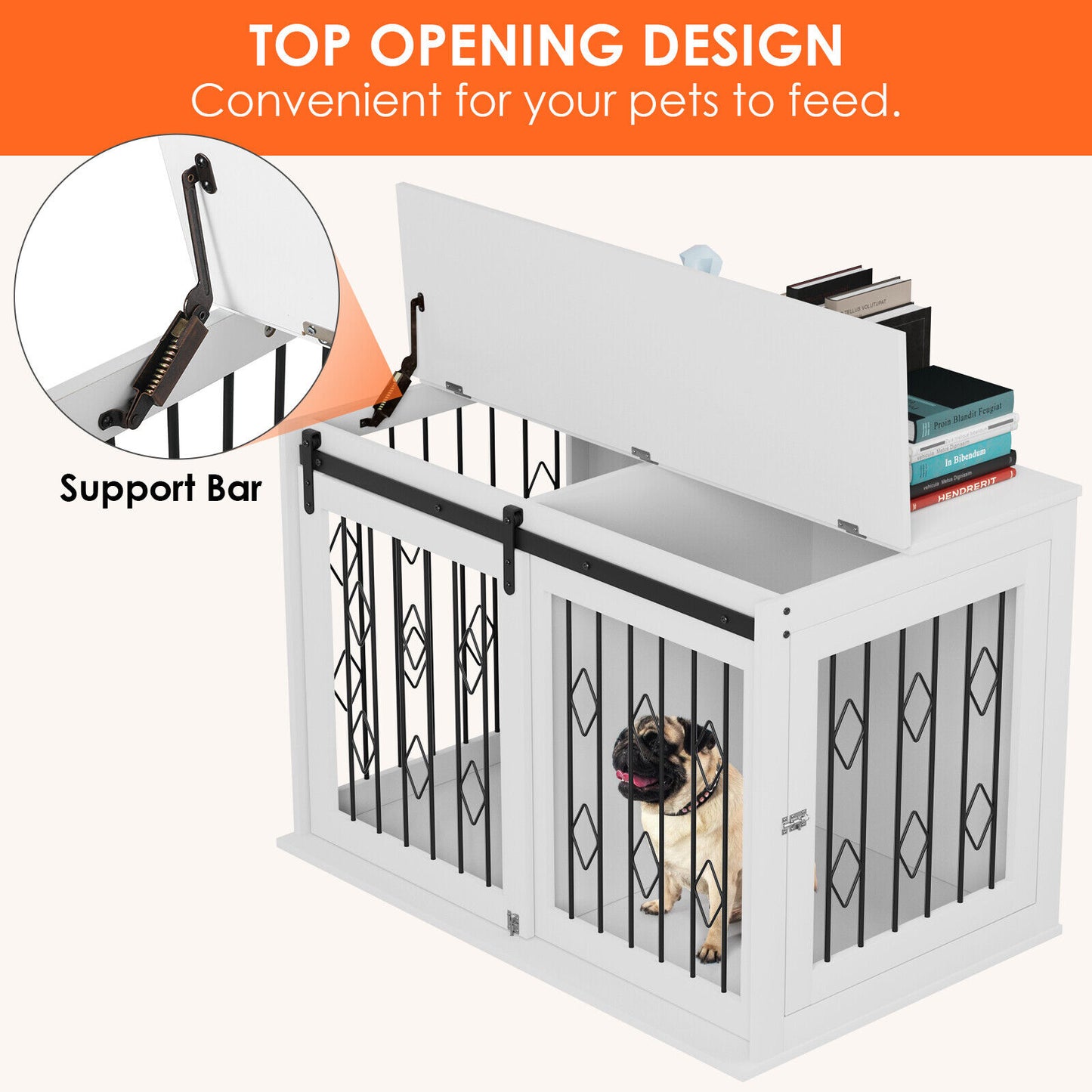 Arlopu Large Dog Crate Furniture with Sliding Barn Door, Wooden Indoor Dog Kennel w/Flip-top, 39.4'' Heavy Duty Modern Puppy Dog Cage End Table with Detachable Divider for Small / Medium Pets