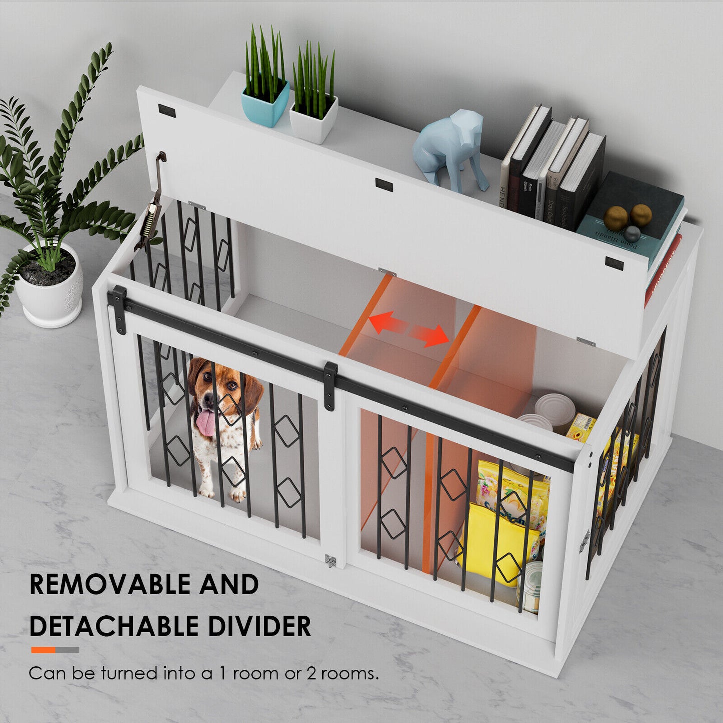 Arlopu Large Dog Crate Furniture with Sliding Barn Door, Wooden Indoor Dog Kennel w/Flip-top, 39.4'' Heavy Duty Modern Puppy Dog Cage End Table with Detachable Divider for Small / Medium Pets