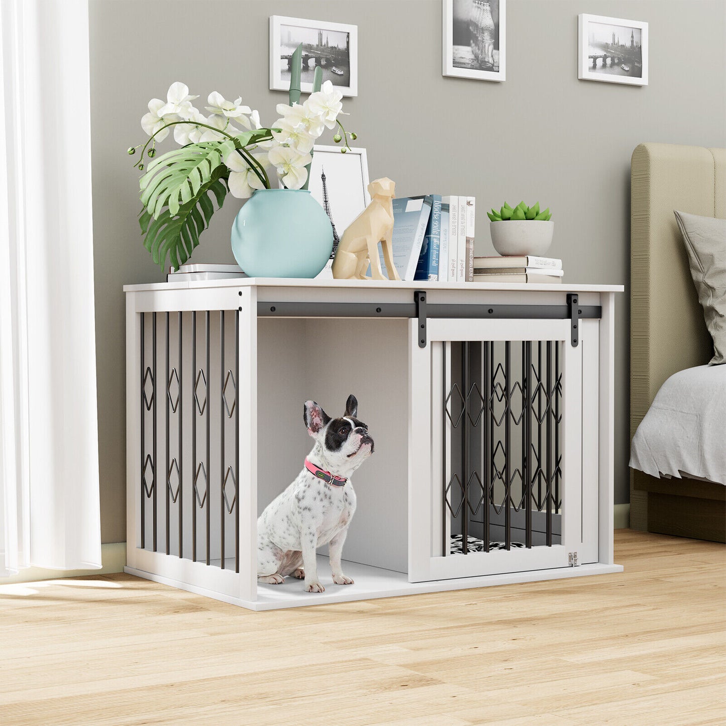 Arlopu Large Dog Crate Furniture with Sliding Barn Door, Wooden Indoor Dog Kennel w/Flip-top, 39.4'' Heavy Duty Modern Puppy Dog Cage End Table with Detachable Divider for Small / Medium Pets
