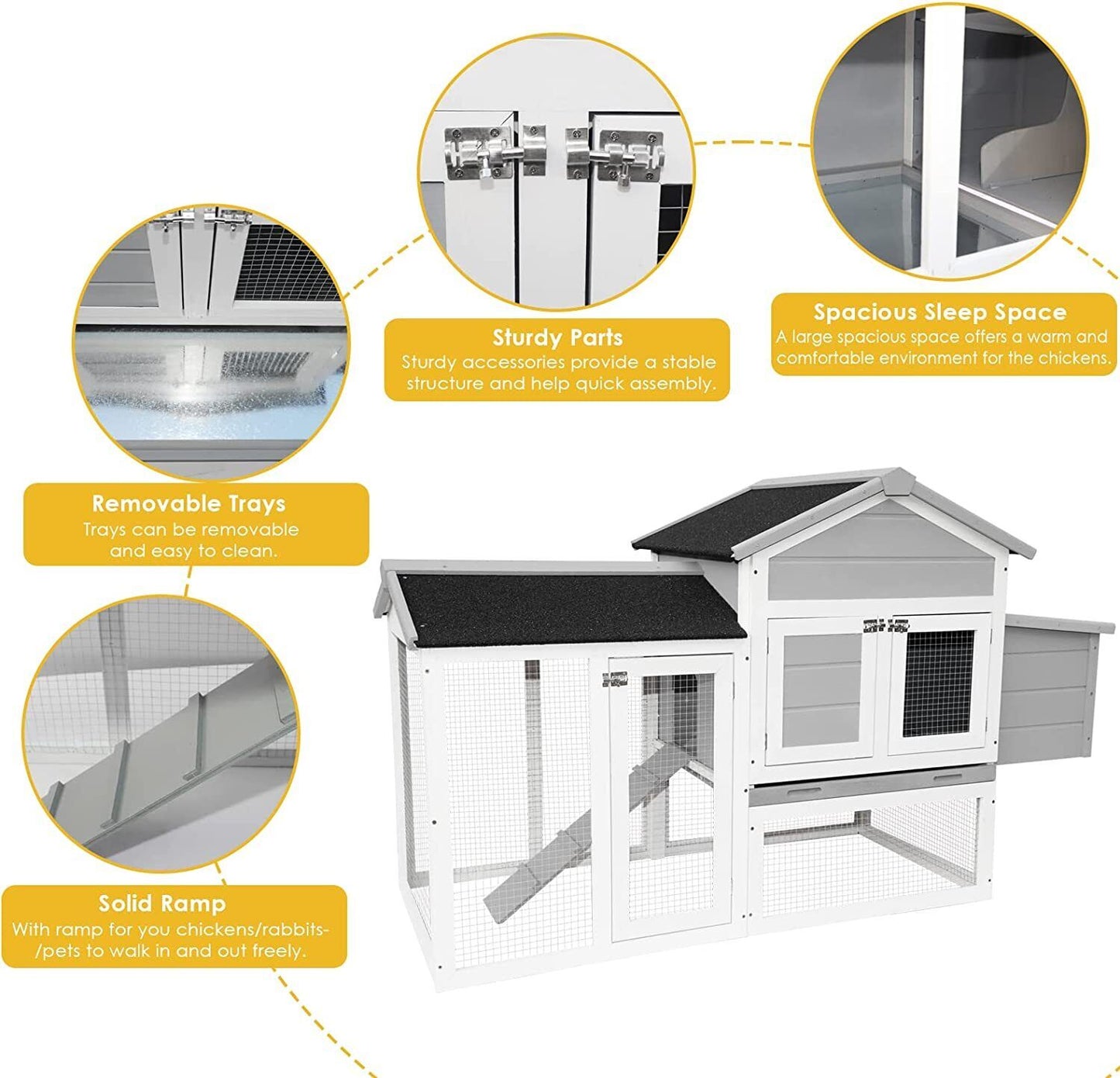 Arlopu 65" Chicken Coop, Outdoor Yard Wooden Poultry Cage, Multi-Level Hen House with Ramp, Nesting Box, Removable Tray, Wire Enclosure & Weatherproof Asphalt roof