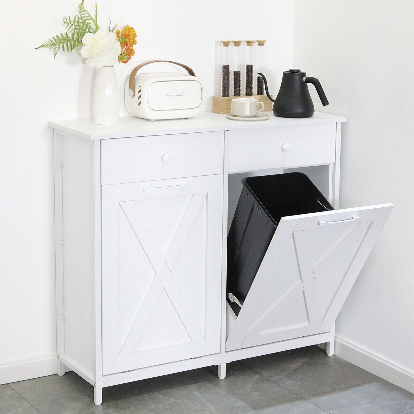 Arlopu Double Tilt Out Trash Cabinet, 2 x 10 Gallon Freestanding Garbage Bin Holder Wooden Laundry Sorter Cabinet with Drawer for Kitchen, Living Room