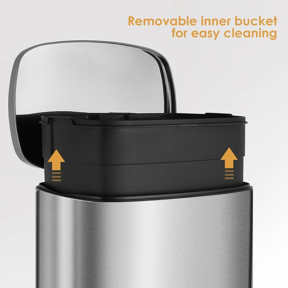 Arlopu 50L/13.2 Gallon Step Trash Can, Rectangular Stainless Steel Kitchen Garbage Bin with PP Buckets & Lid