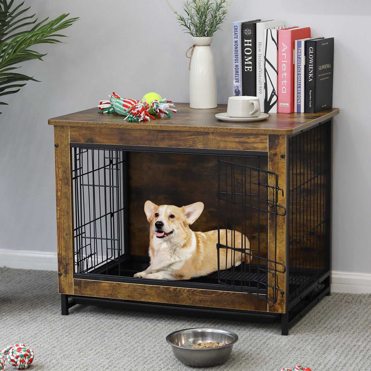 Arlopu 38.6" Dog Crate Furniture, Wooden Side End Table, Modern Indoor Dog Kennel with Double Doors, Heavy-Duty Dog Cage with Pull-Out Tray