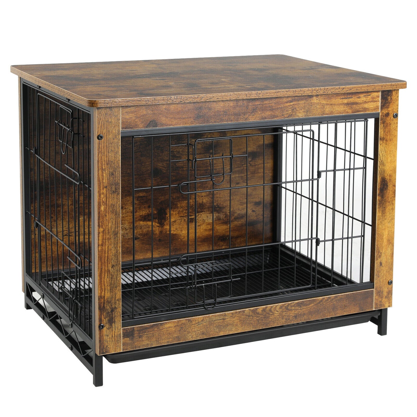 Arlopu 38.6" Dog Crate Furniture, Wooden Side End Table, Modern Indoor Dog Kennel with Double Doors, Heavy-Duty Dog Cage with Pull-Out Tray