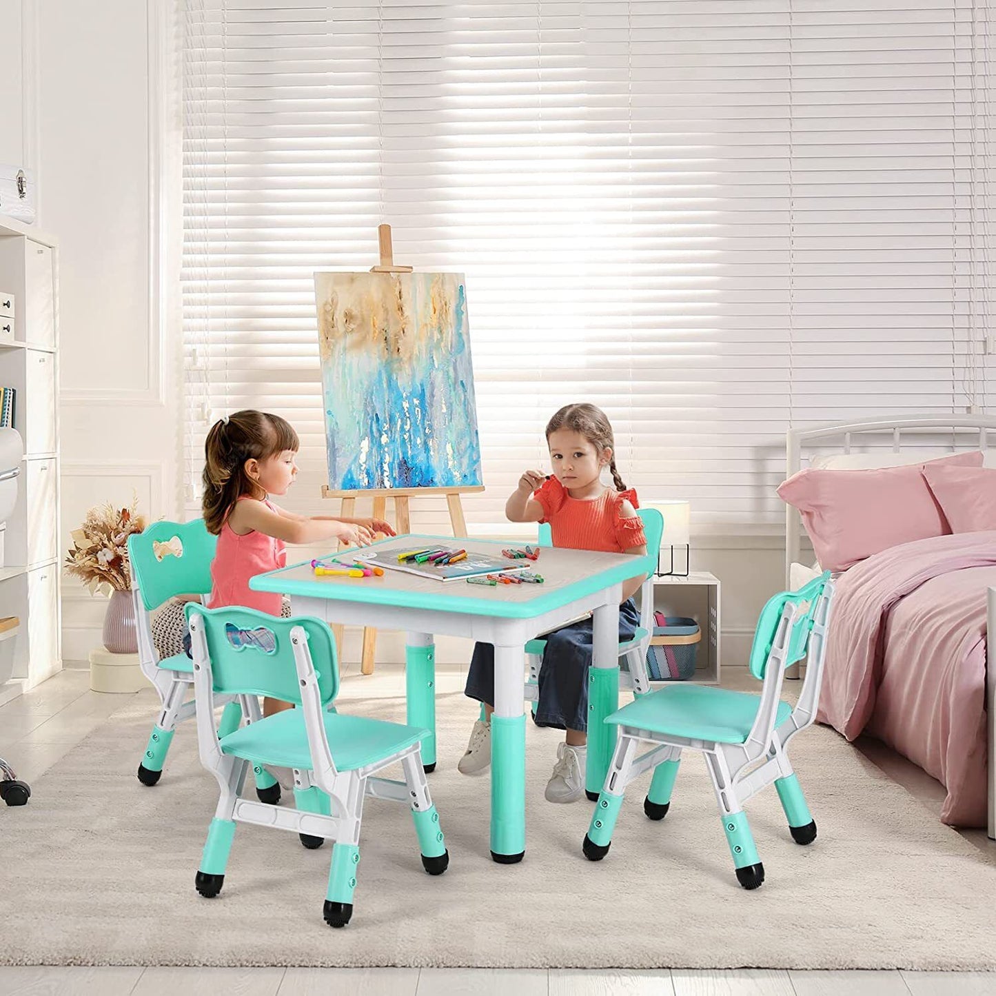 Arlopu Kids Study Table and 4 Chair Set, Height Adjustable Toddler Table and Chair Set for 4, Multifunctional Toddler Table, Reading, Drawing, Eating Interaction