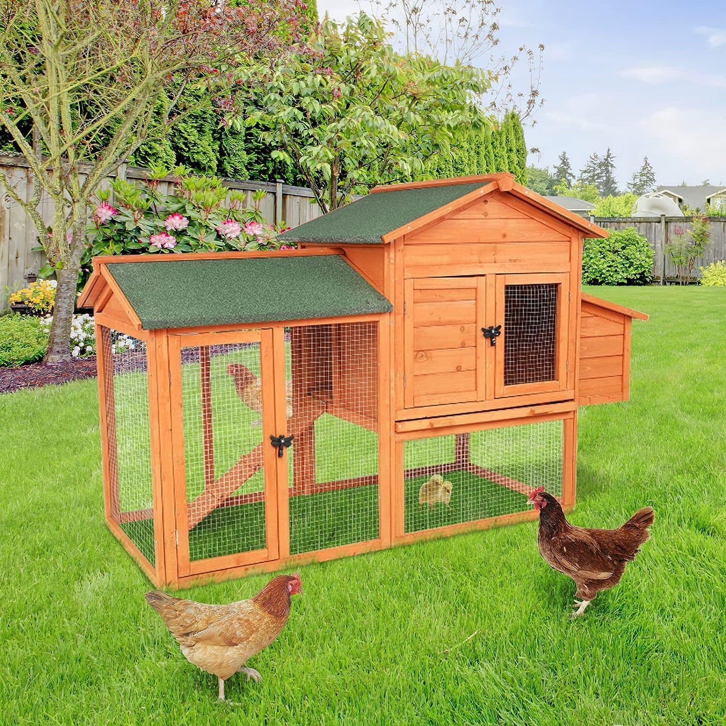 Arlopu 65" Chicken Coop, Outdoor Wooden Moveable Poultry Cage, Multi-Level Hen House w/Ramp, Run, Nesting Box, Removable Tray, Wire Fence&Weatherproof Asphalt roof, for Yard Farm Use, Chick & Rabbit