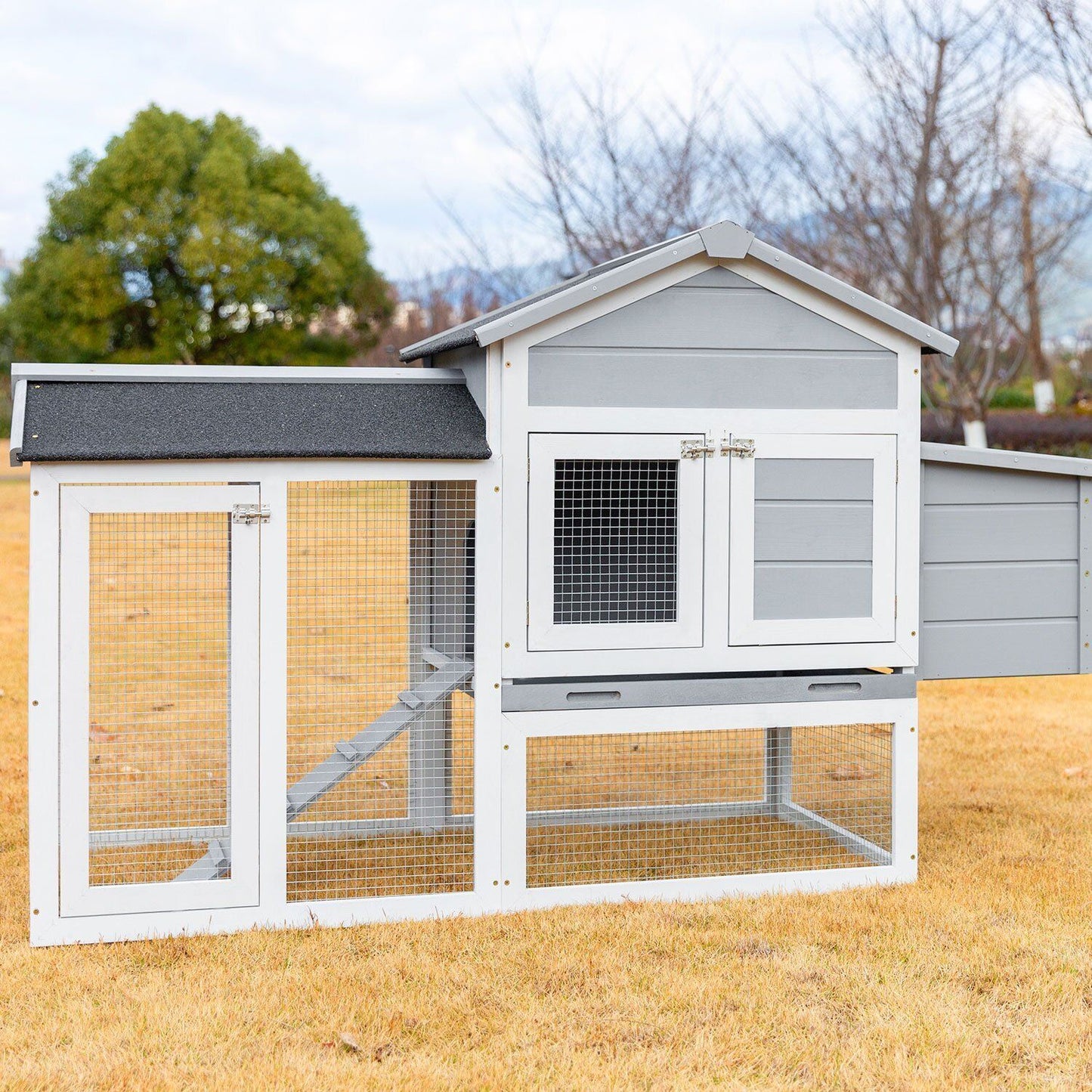 Arlopu 65" Chicken Coop, Outdoor Yard Wooden Poultry Cage, Multi-Level Hen House with Ramp, Nesting Box, Removable Tray, Wire Enclosure & Weatherproof Asphalt roof