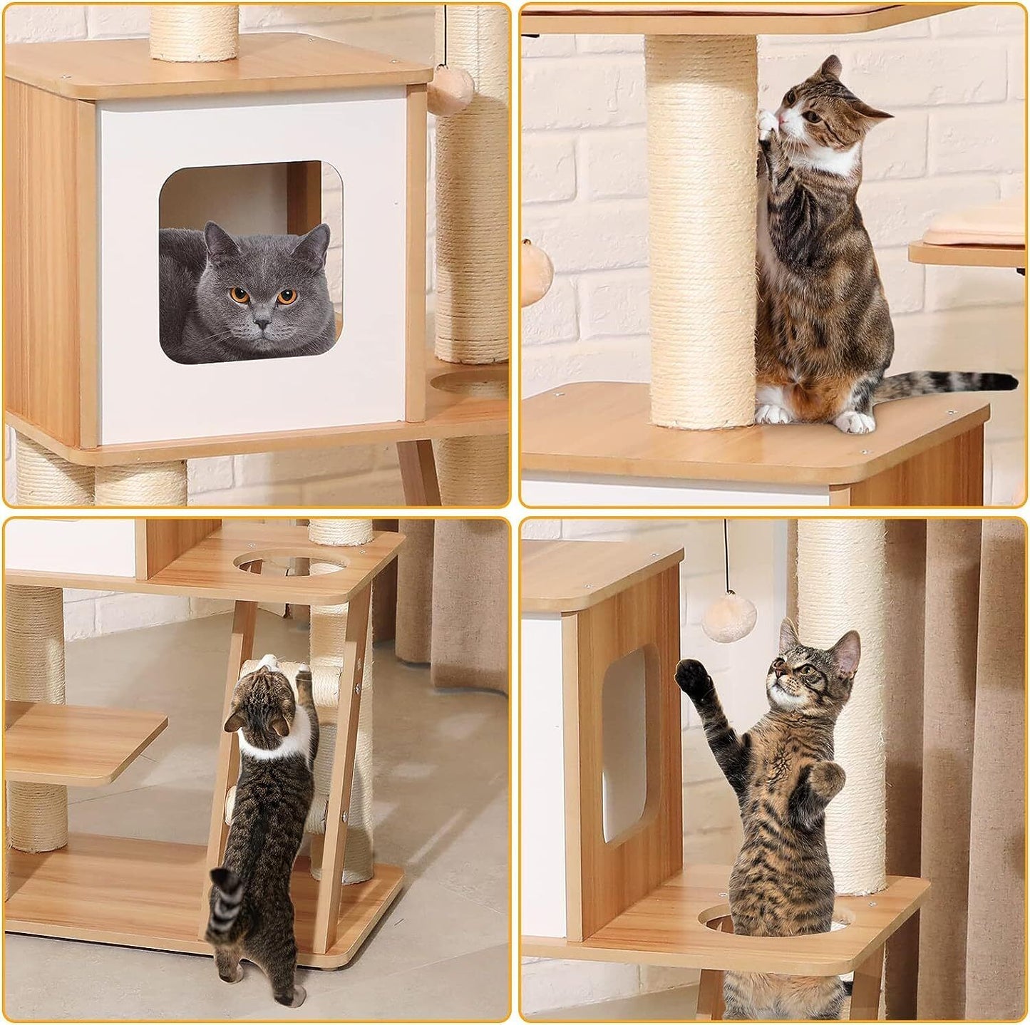 Arlopu 45" Wood Cat Tree Tower with Ladder, Modern Cat Condo Climbing Stand Indoor Activities Center with Sisal Scratching Post, Washable Plush Mats