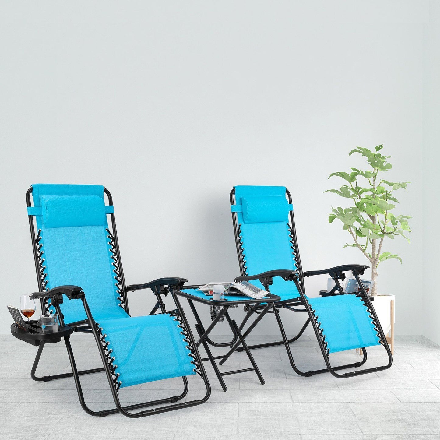 Arlopu Zero Gravity Lounge Chair Set of 3, Folding Recliner Patio Lounge Chairs with Side Table, Adjustable Pillows, for Poolside, Yard, Camping