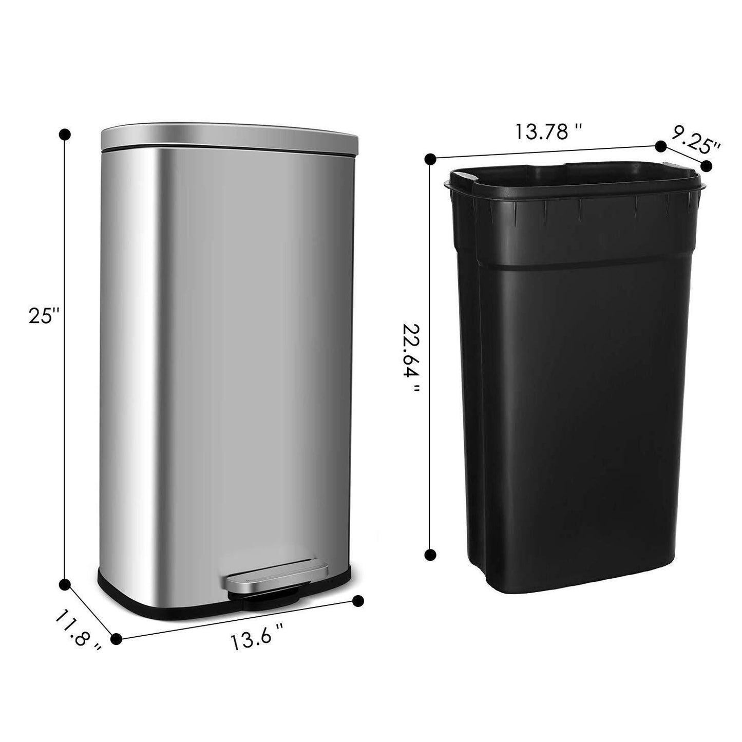 Arlopu 8 Gallon Stainless Steel Trash Can with Lid, Rectangular Kitchen Garbage Can, Silver