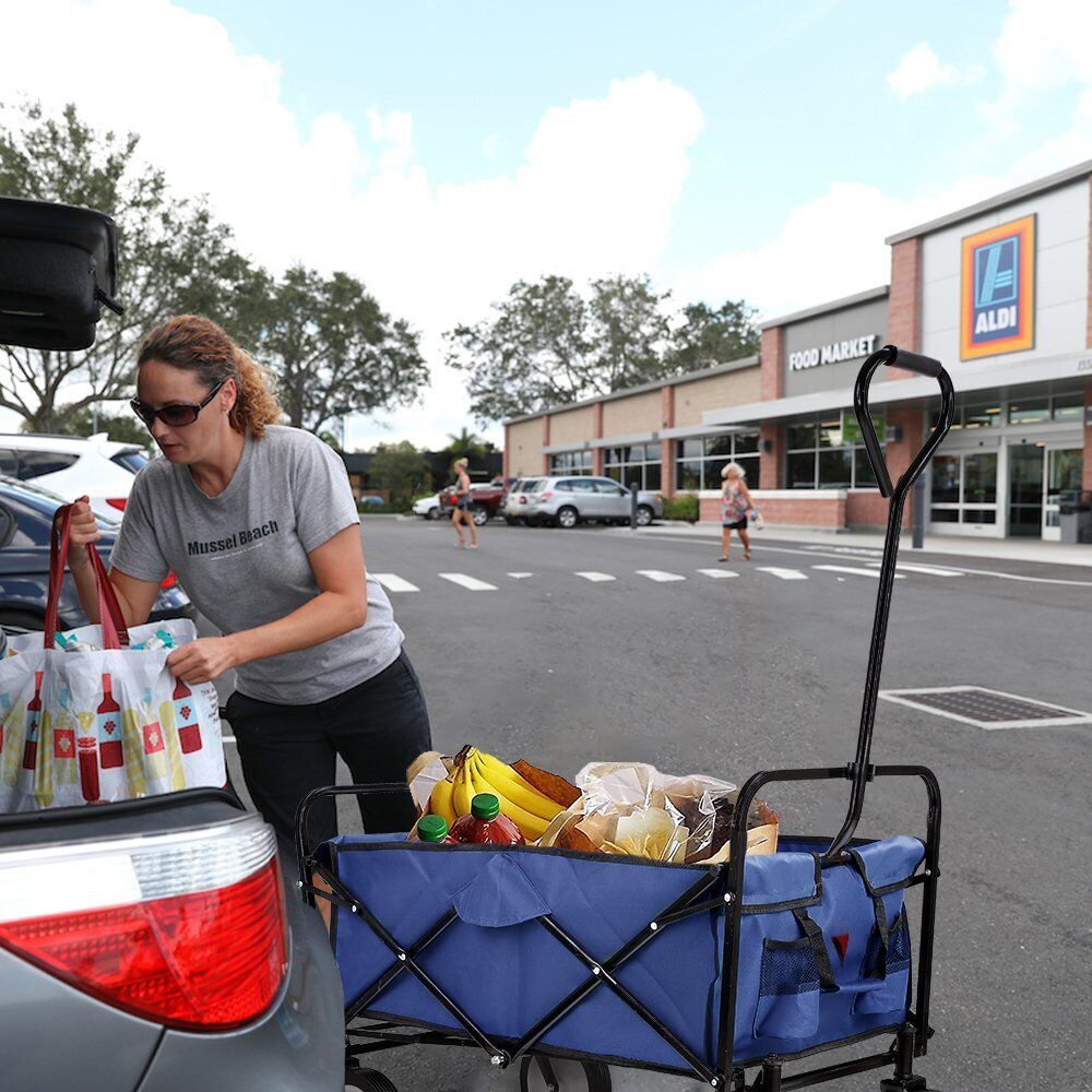 Arlopu Folding Wagon Cart, Heavy Duty Collapsible Garden Cart with Cup Holders, Portable Outdoor Grocery Shopping Cart