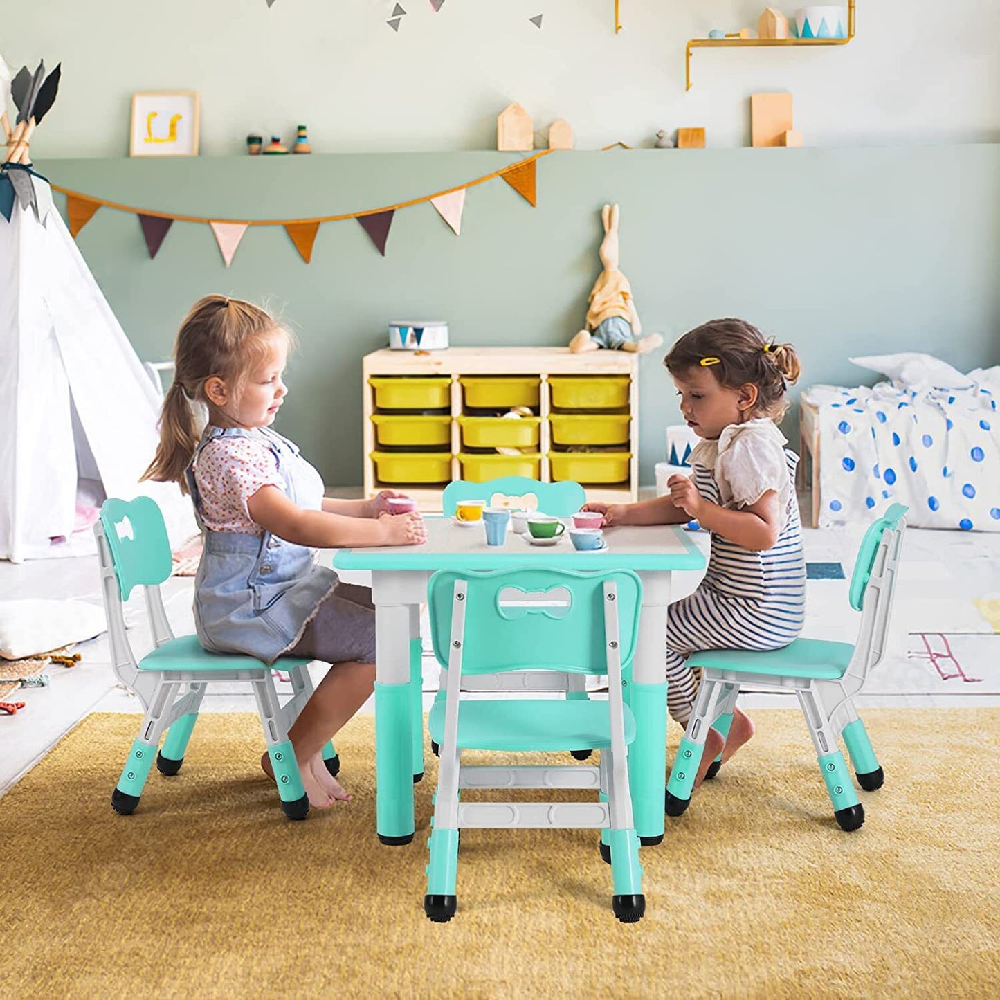 Arlopu Kids Study Table and 4 Chair Set, Height Adjustable Toddler Table and Chair Set for 4, Multifunctional Toddler Table, Reading, Drawing, Eating Interaction