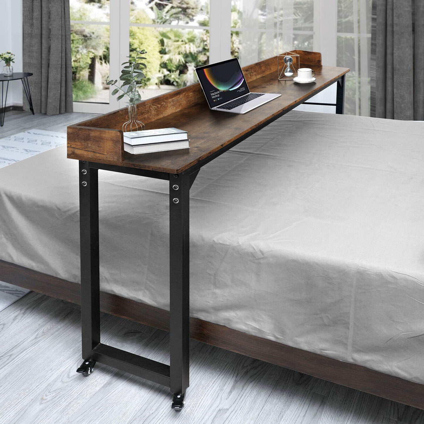 Arlopu 70.8'' Overbed Table with Wheels for Full/Queen Size Bed Frame, Mobile Computer Desk Standing Workstation Laptop Cart