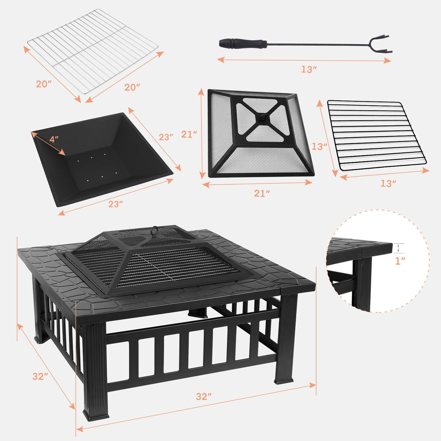 Arlopu Metal Fire Pits for Outside, 32" Wood Burning Fire Pit Table Outdoor Patio Backyard BBQ Fire Pit Heater for Party Bonfire