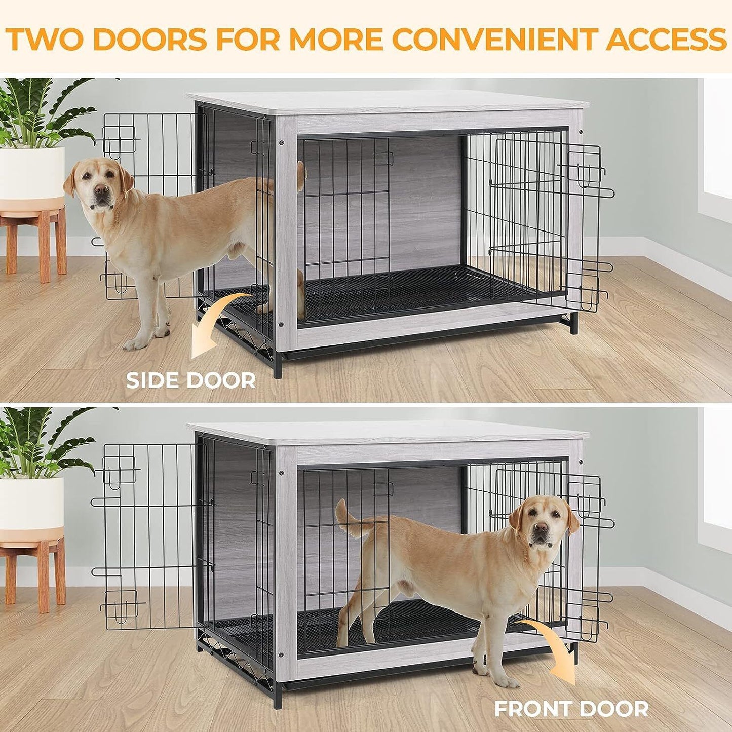 Arlopu 38.6'' Dog Crate Furniture, Wooden Side End Table, Modern Dog Kennel with Double Doors, Heavy-Duty Dog Cage with Pull-Out Removable Tray, Indoor Medium/Large/Small Pet House Furniture