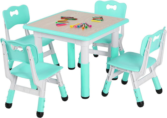 Arlopu Kids Study Table and 4 Chair Set, Height Adjustable Toddler Table and Chair Set for 4, Multifunctional Toddler Table, Reading, Drawing, Eating Interaction
