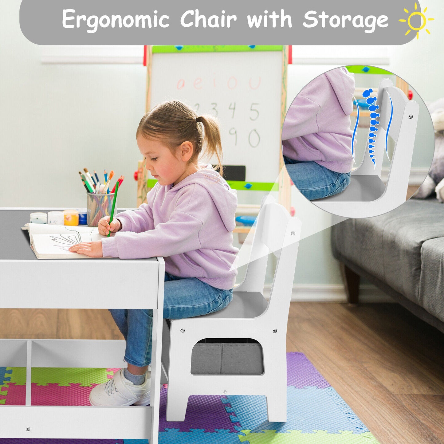 Arlopu Kids Table and 2 Chairs Set with Storage Drawer Children Writing Reading Table for Toddlers 2-8 Years