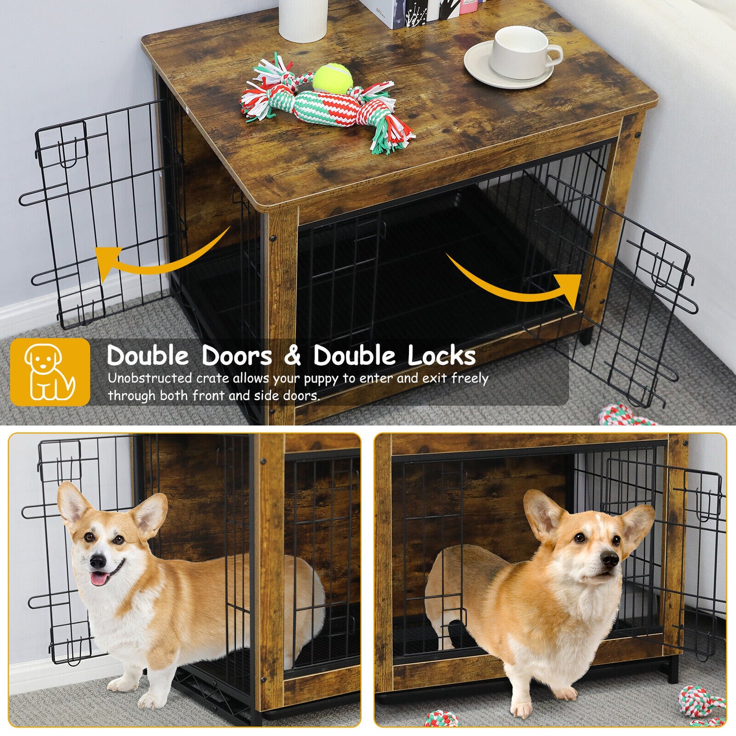 Arlopu 38.6" Dog Crate Furniture, Wooden Side End Table, Modern Indoor Dog Kennel with Double Doors, Heavy-Duty Dog Cage with Pull-Out Tray