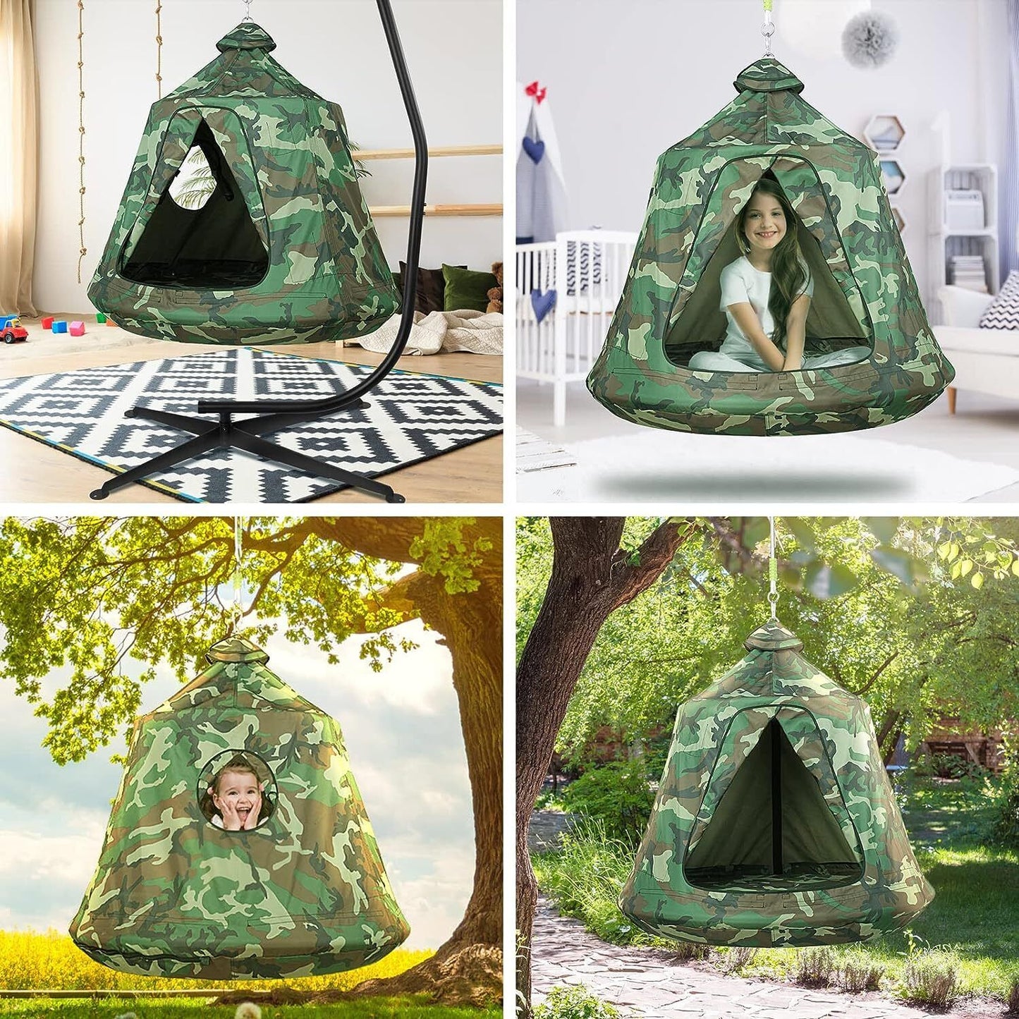 Arlopu Hanging Tree Tent for Kids, Indoor Outdoor Swing Tent Children Play House Tent with LED Lights