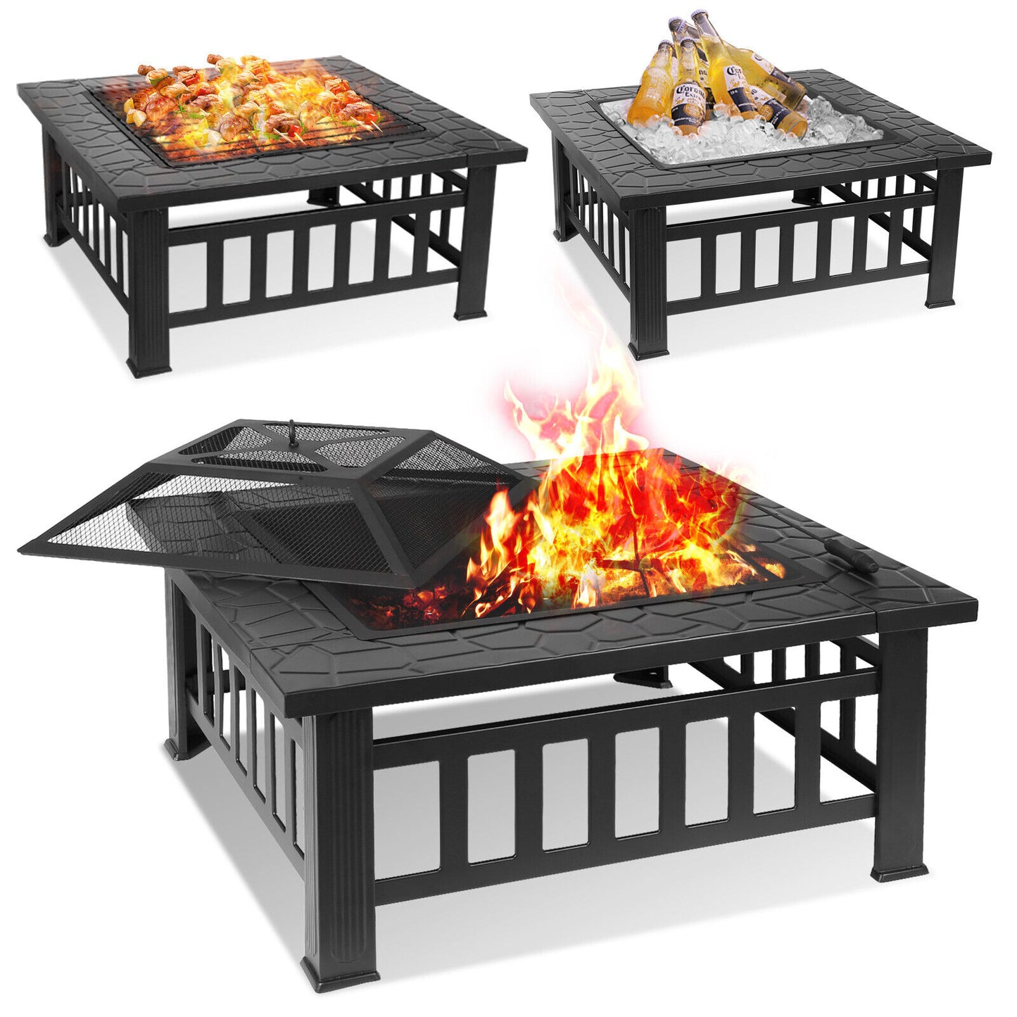 Arlopu Metal Fire Pits for Outside, 32" Wood Burning Fire Pit Table Outdoor Patio Backyard BBQ Fire Pit Heater for Party Bonfire
