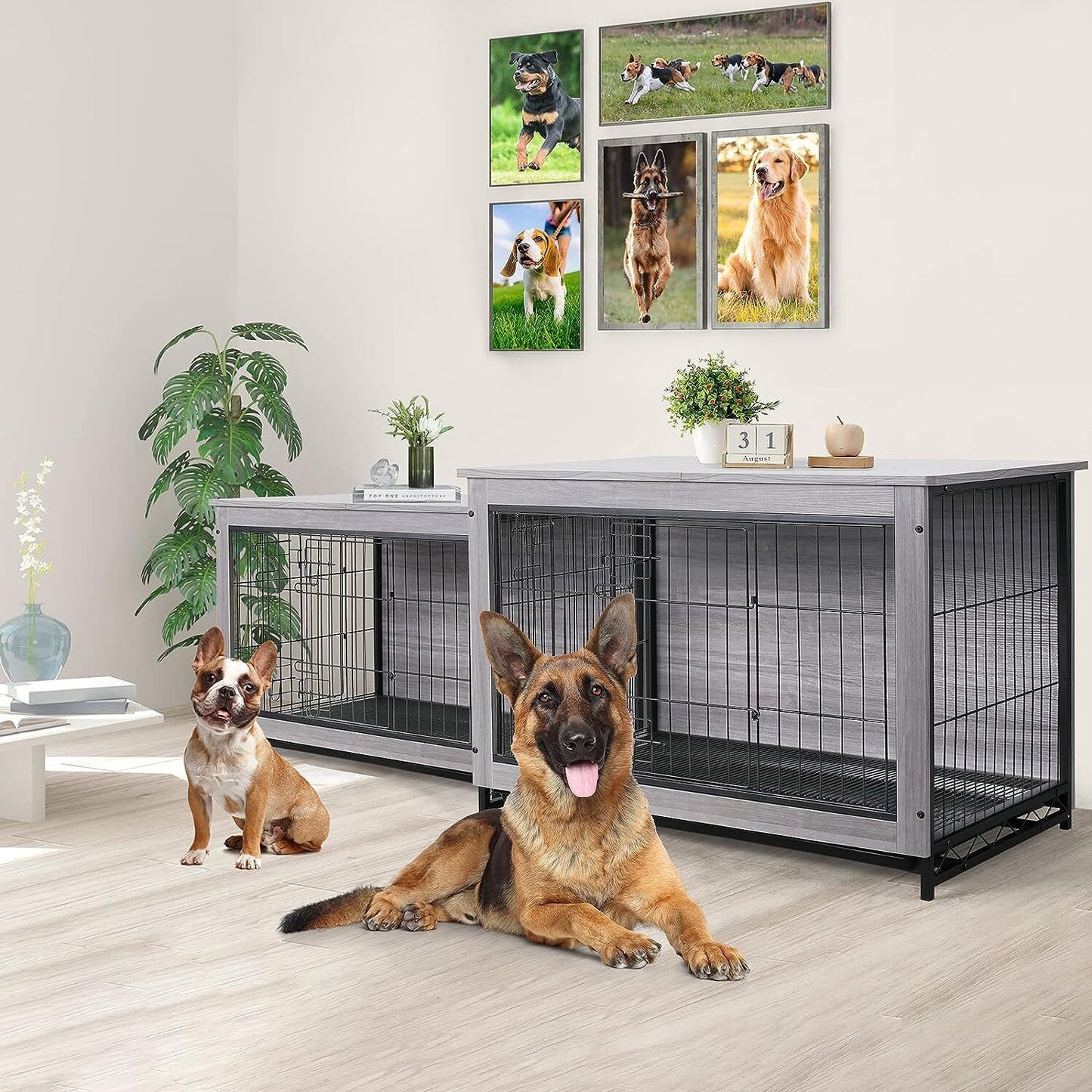 Arlopu 38.6'' Dog Crate Furniture, Wooden Side End Table, Modern Dog Kennel with Double Doors, Heavy-Duty Dog Cage with Pull-Out Removable Tray, Indoor Medium/Large/Small Pet House Furniture