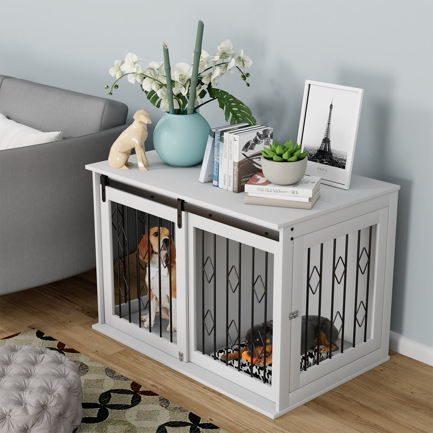 Arlopu Large Dog Crate Furniture with Sliding Barn Door, Wooden Indoor Dog Kennel w/Flip-top, 39.4'' Heavy Duty Modern Puppy Dog Cage End Table with Detachable Divider for Small / Medium Pets