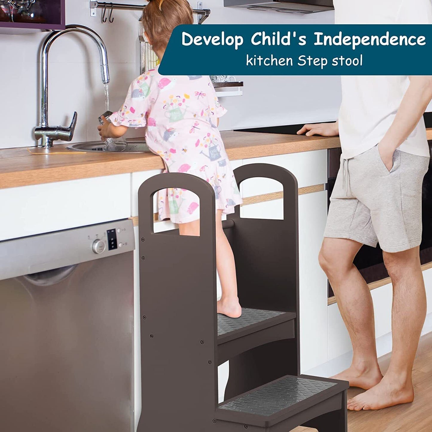 Arlopu Kids Kitchen Step Stool, Wooden Standing Stool, Two-Step Stool Standing Platform, Children Standing Tower - Espresso