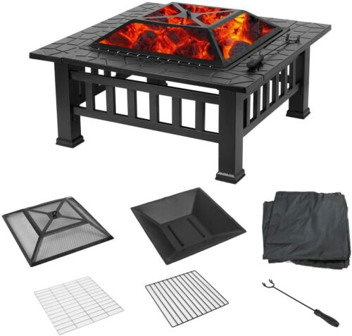 Arlopu Metal Fire Pits for Outside, 32" Wood Burning Fire Pit Table Outdoor Patio Backyard BBQ Fire Pit Heater for Party Bonfire