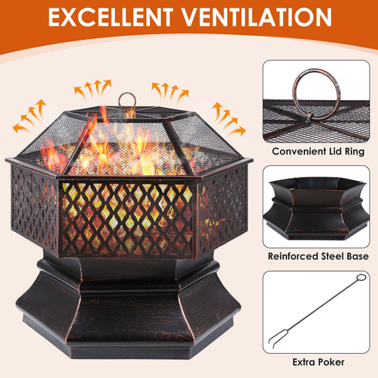 Arlopu 30'' Hex-Shaped Steel Fire Pit Wood Burning Fireplace with Spark Screen & Fire Poker for Outdoor Camping