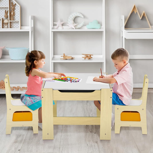 Arlopu Wooden Kids Table and 2 Chairs Set, 3-Piece Children Activity Play Table Set with Storage