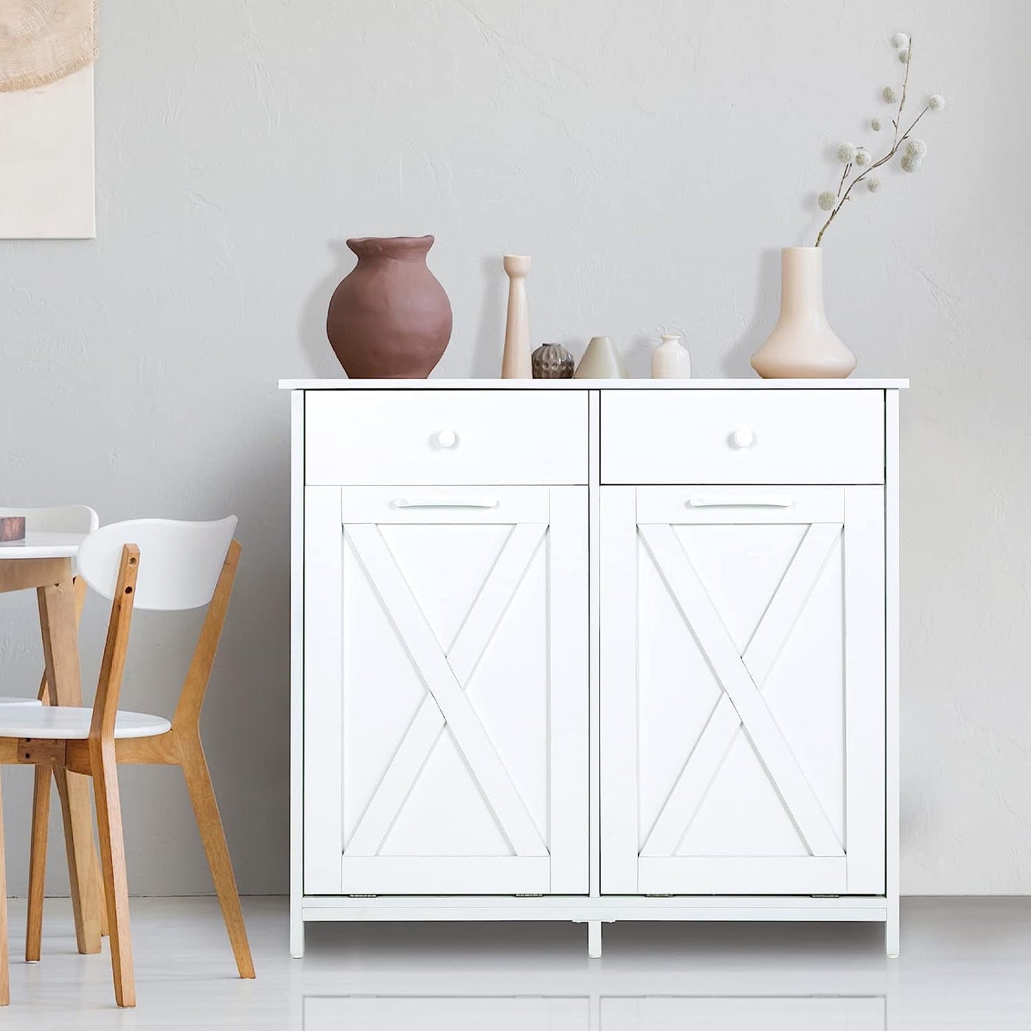 Arlopu Double Tilt Out Trash Cabinet, 2 x 10 Gallon Freestanding Garbage Bin Holder Wooden Laundry Sorter Cabinet with Drawer for Kitchen, Living Room