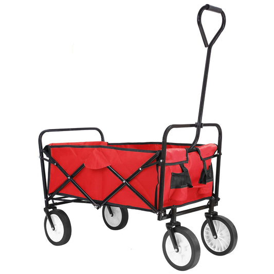 Arlopu Collapsible Wagon, Red Folding Garden Cart Utility Wagon Cart for Grocery Shopping Picnic Beach