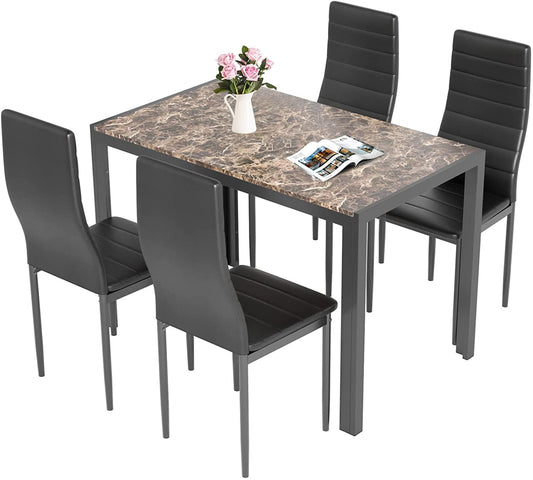 Arlopu Modern 5-Piece Dining Table Set, Faux Marble Tabletop and 4 PU Leather Chairs, Compact Dining Set for Dining Room, Kitchen