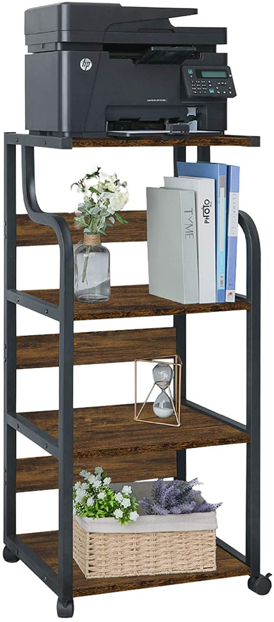 Arlopu Printer Stand with Wheels, 4 Tier Wood Printer Cart Rack with Shelves, Retro
