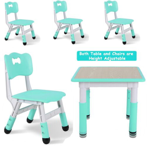 Arlopu Kids Study Table and 4 Chair Set, Height Adjustable Toddler Table and Chair Set for 4, Multifunctional Toddler Table, Reading, Drawing, Eating Interaction