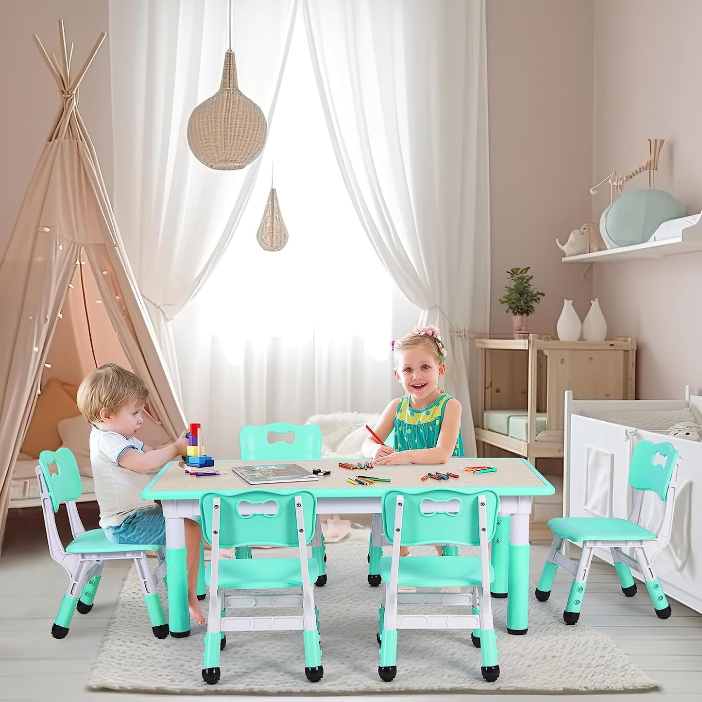 Arlopu Kids Table and Chairs Set, Plastic Toddler Play Table with 6 Chairs Set Graffiti Table for Daycare Classroom Playroom