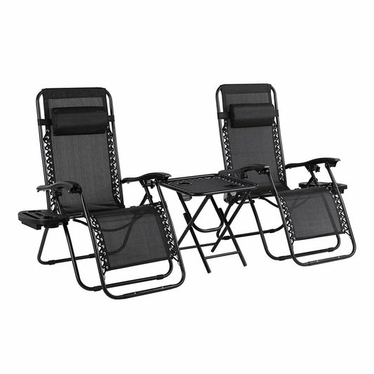 Arlopu 3pcs Folding Zero Gravity Chairs Set with Side Table, Outdoor Patio Adjustable Reclining Lounge Chairs with Headrests