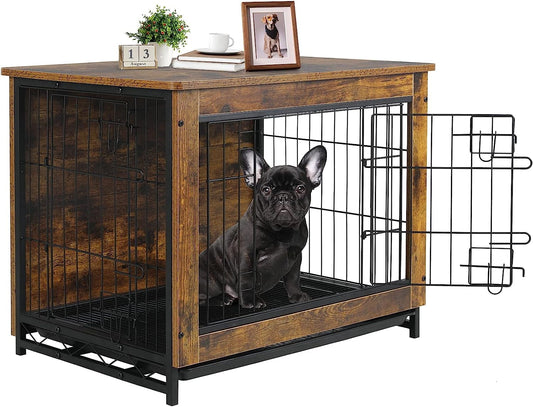 Arlopu 29.1'' Dog Crate Furniture, Wooden Side End Table, Modern Indoor Dog Kennel with Double Doors, Heavy-Duty Dog Cage with Pull-Out Removable Tray