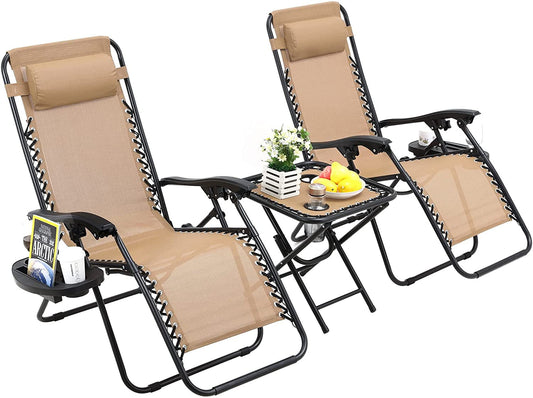 Arlopu 3pcs Folding Zero Gravity Chair Set, Outdoor Patio Reclining Lounge Chairs with Cup Holders for Poolside, Yard, Beach, 330 LBS