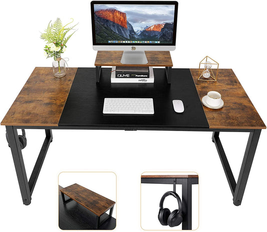 Arlopu 55'' Computer Desk, Home Office Desk, Sturdy Writing Study Table PC Laptop Table with Monitor Stand, Headphone Hook