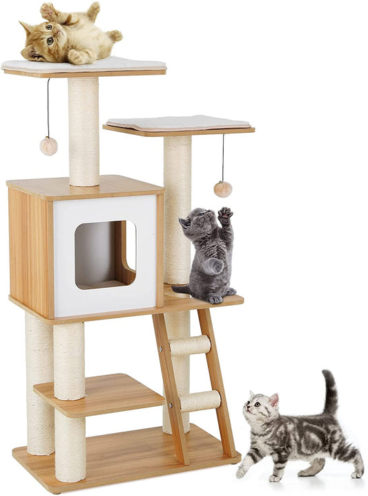 Arlopu 45" Wood Cat Tree Tower with Ladder, Modern Cat Condo Climbing Stand Indoor Activities Center with Sisal Scratching Post, Washable Plush Mats