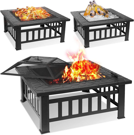 Arlopu Metal Fire Pits for Outside, 32" Wood Burning Fire Pit Table Outdoor Patio Backyard BBQ Fire Pit Heater for Party Bonfire