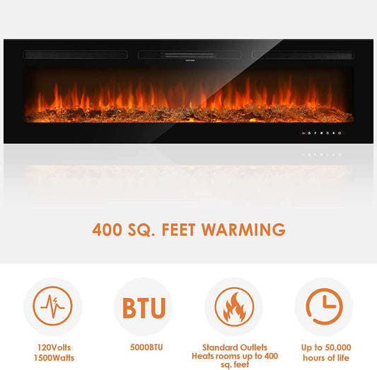 Arlopu 60'' Electric Fireplace, Wall Mounted / Recessed Fireplace Heater with Remote Control, Timer, Touch Screen