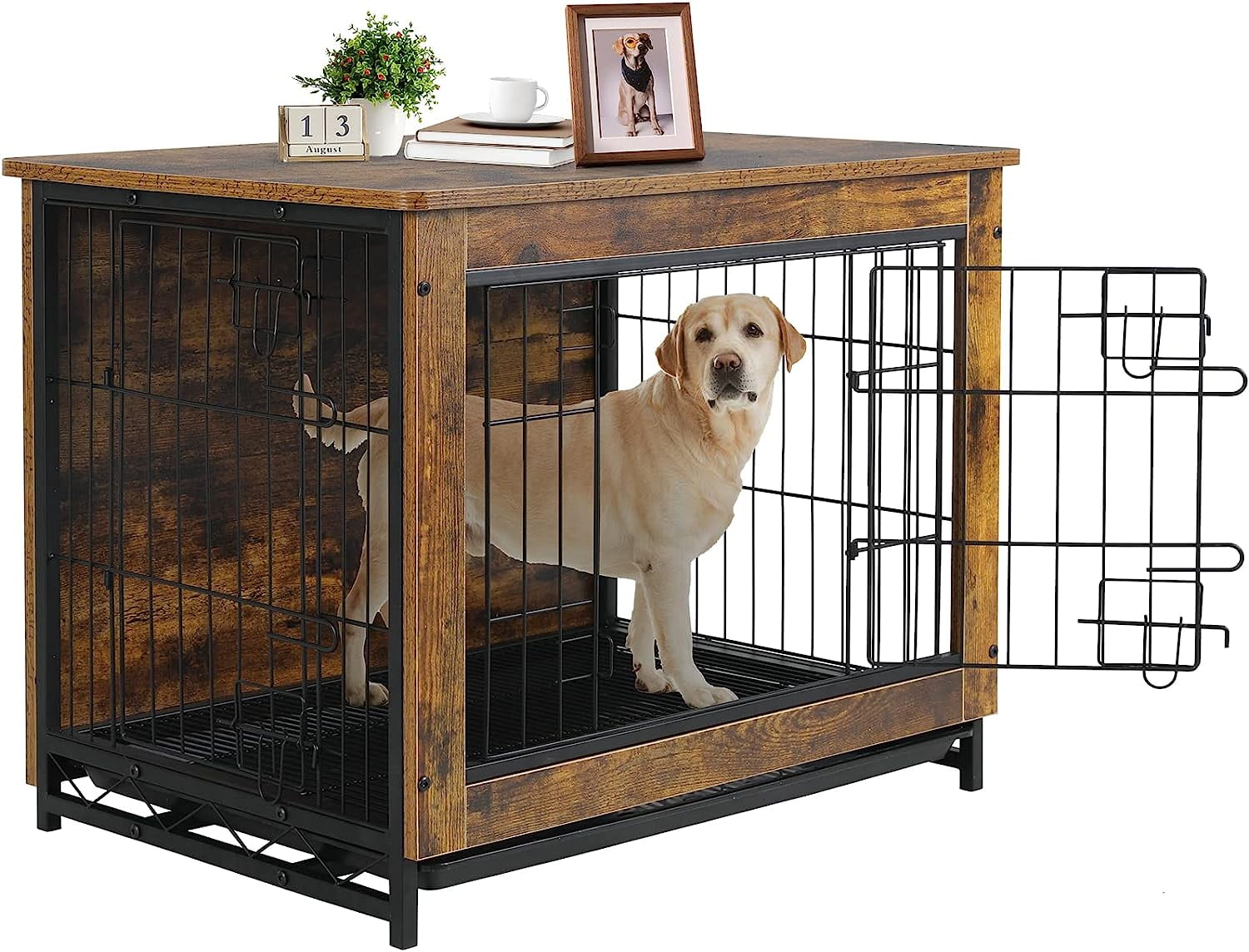 Arlopu Dog Crate Furniture Wooden End Table 44.1'' Dog Cage Indoor