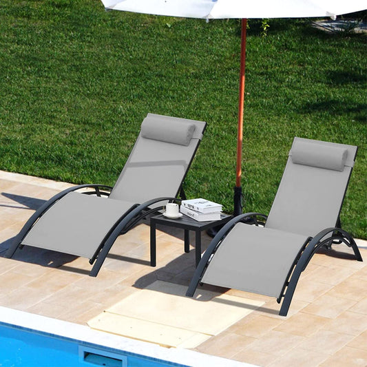 Arlopu 3pcs Patio Chaise Lounge Chair Set, Aluminum Frame Adjustable Recliner Chairs for Beach, Yard, Poolside, Sunbathing