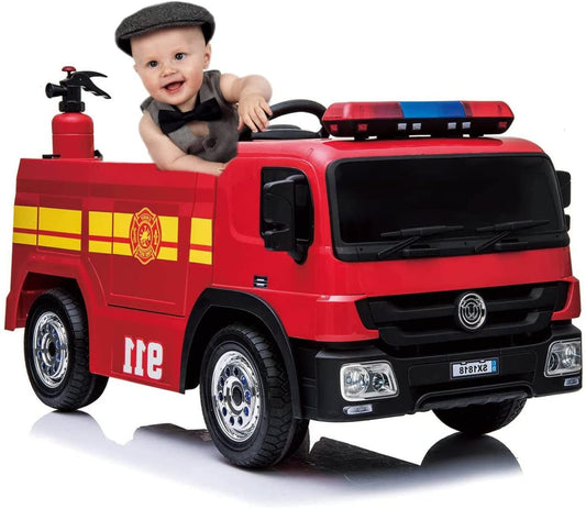 Arlopu Kids 12V Ride On Fire Truck, Battery Powered Toy Car, with Parent Remote Control, Spring Suspension, Simulation Kids' Electric Vehicles, Power Wheels with Accessories, LED Lights, MP3 Player