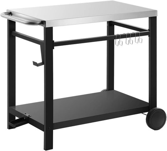 Arlopu Movable Double-Shelf Dining Cart, Stainless Steel Kitchen Worktable Food Prep Table with Wheels Outdoor BBQ Cart