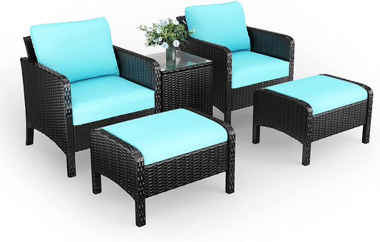 Arlopu 5 Pieces Wicker Patio Furniture Set, Outdoor Rattan Conversation Chairs Set with Ottomans, Coffee Table, Cushions, Poolside Sectional Cushioned Sofa Set for Porch, Balcony, Lawn, Yard, Garden