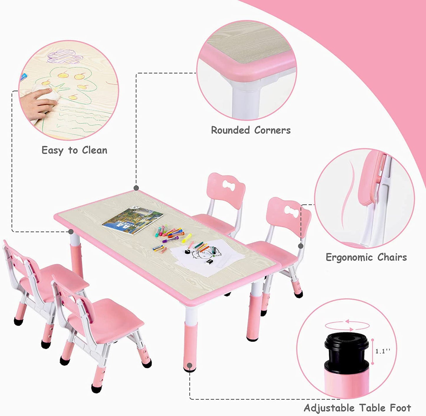 Arlopu Kids Table and 4 Chairs Set, Adjustable Height, Ideal for Arts & Crafts, Snack Time, Homeschooling, Homework